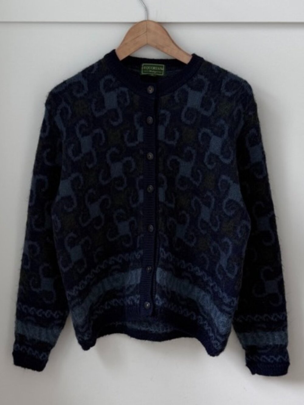 Vintage EQUORIAN HERITAGE Mohair Blend Geometric Cardigan Sweater Blue Purple M